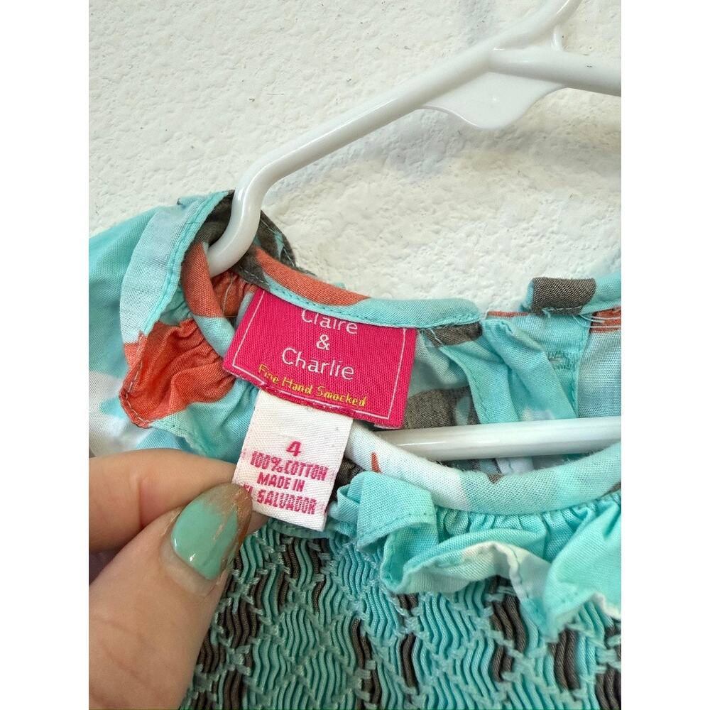 CLAIRE & CHARLIE Bird Print Hand Smocked Dress Aqua Cotton Size 4 Heirloom - Picture 3 of 7